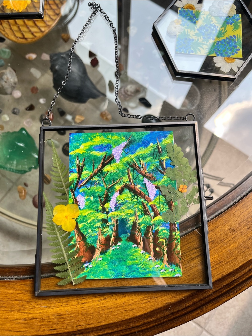 Green and Purple Woodland Trees print in glass hanging frame